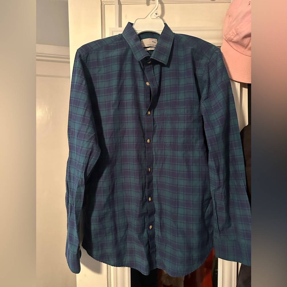 Peter England Blue and Green Checkered Plaid Long Sleeve Button Up Men’s L